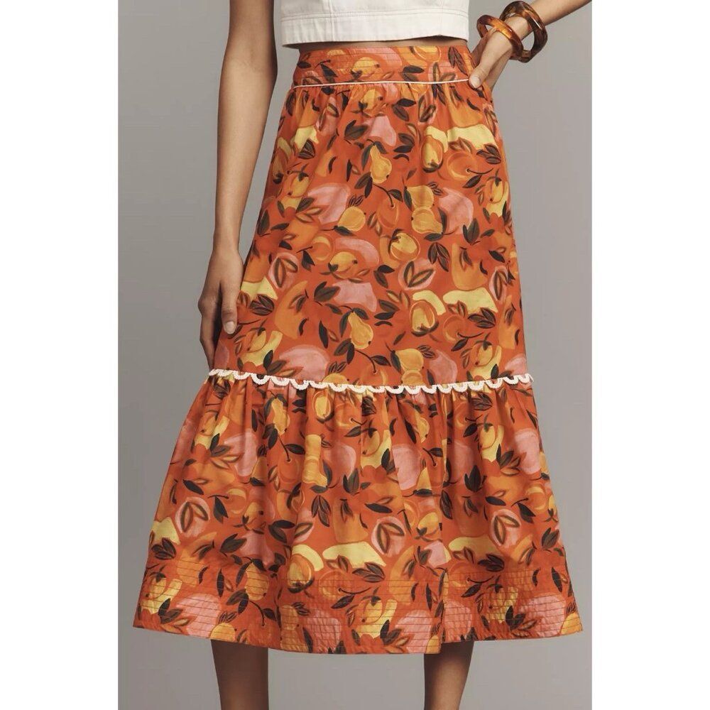 Anthropologie Farm Rio Tiered Flare-Hem Printed Midi Skirt in Red Fruit Size XS